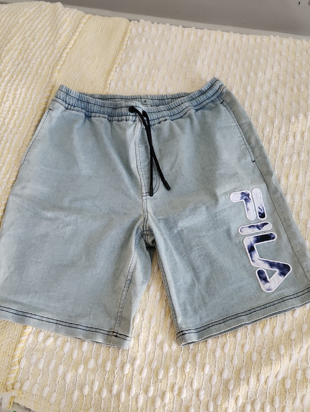 Fila Pale Blue Denim Logo Shorts with Black Drawstring